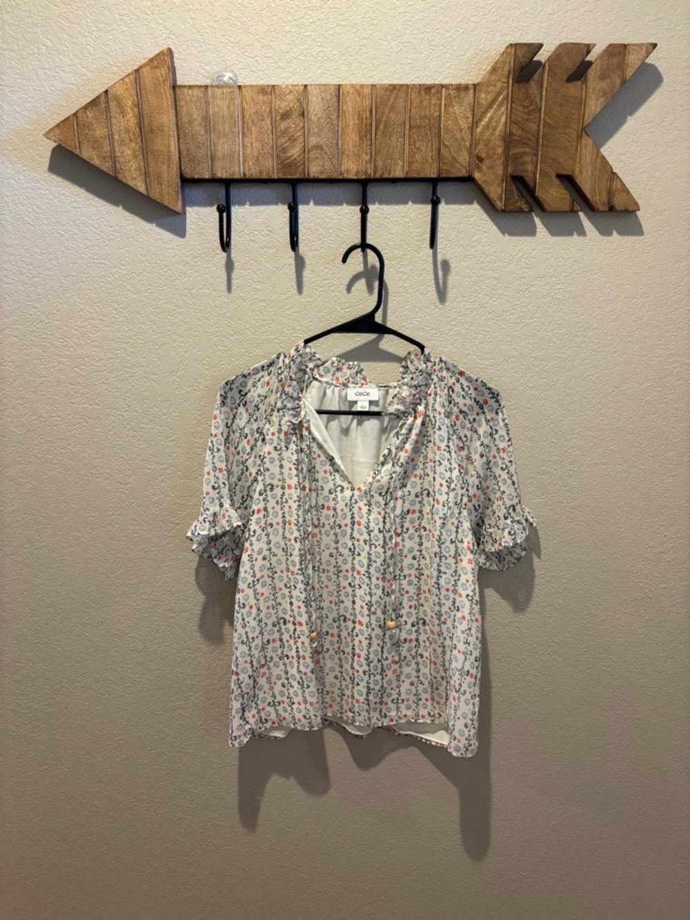 CeCe White Blouse with Blue and Red Floral Print